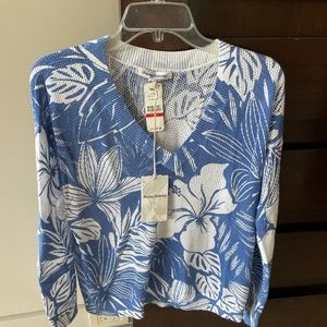 Tommy Bahama Mahana Long Sleeve Tropical Print V Neck in Monaco Blue sz XS - NEW